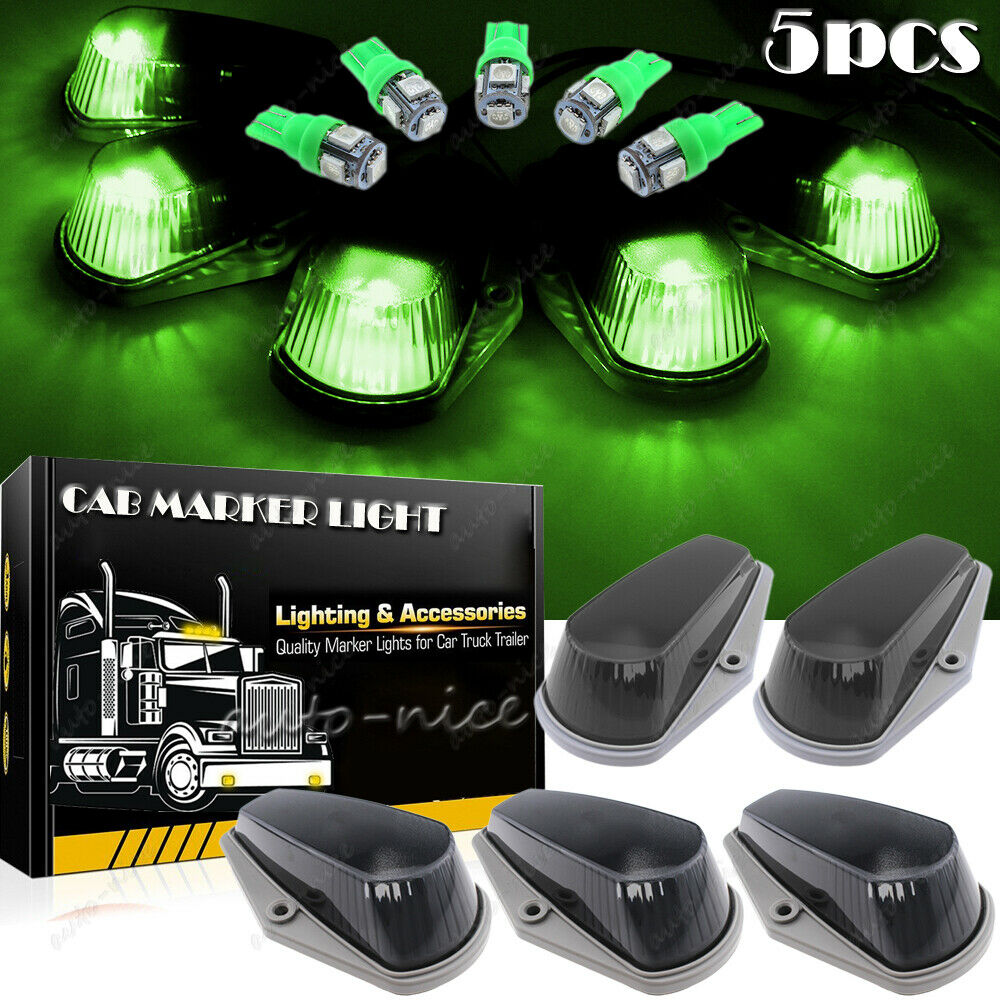 5 Roof Top Cab Marker Light Smoke Lens Cover + Green Led For Ford F350 F250 F150