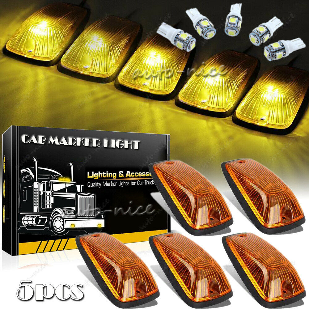 5X Amber Lens Roof Cab Marker Light W/ T10 Led Bulb For Chevy Gmc Trucks 88-00