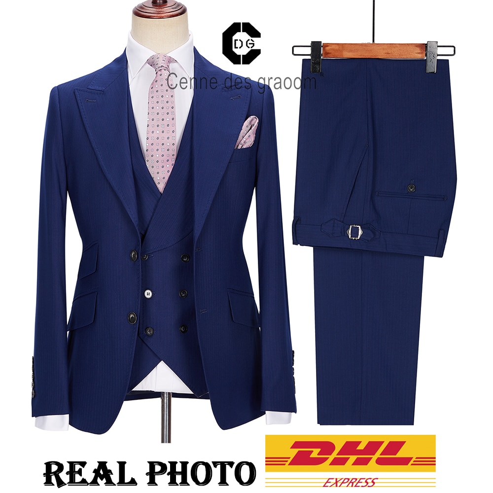 Cenne Des Graoom Latest Coat Design Men Suits Tailor-Made 3 Pieces Stripe Blazer Vest Pants Casual Costume Homme Wedding Groom