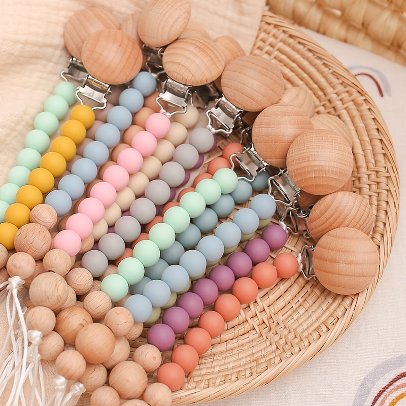 BPA Free Silicone Dummy Soother Chain Clips Teether Crochet Beads Dummy Chain Holder Baby Teething Toy Baby Chew Newborn Toys
