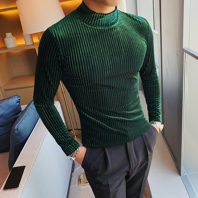 Men's Long Sleeve T-shirt Slim Fit Stretch Turtleneck Velvet Casual Shirt White Fall/Winter 2021