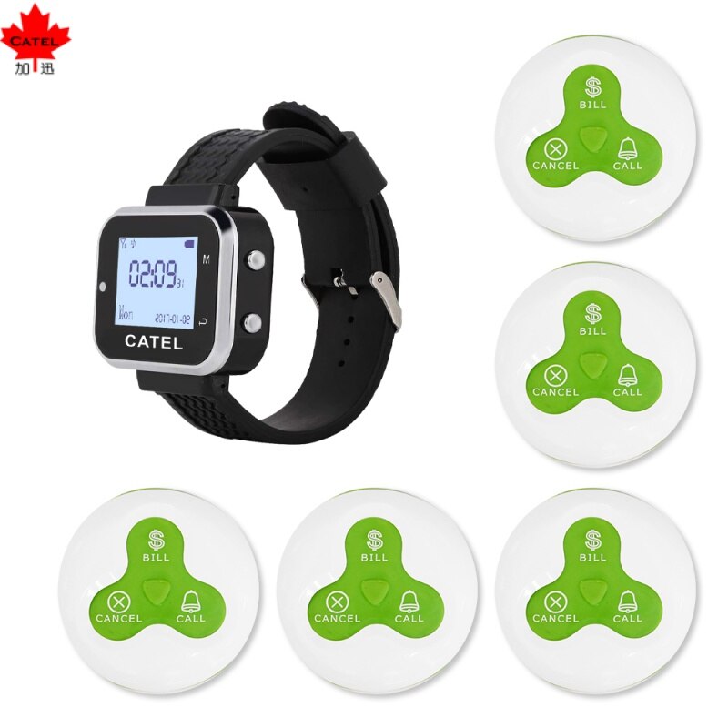 CATEL Waterproof 5 Call Button and 1 Watch Pager Wireless Calling System Transmitter for Restaurant Waiter Service Bell Buzzer