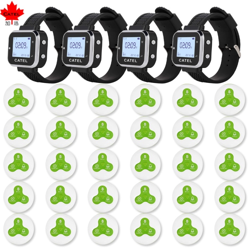 CATEL Wireless Calling System 30 Call Button Transmitter 4 Watch Pagers Paging System For Restaurant Waiter Service Bell Buzzer