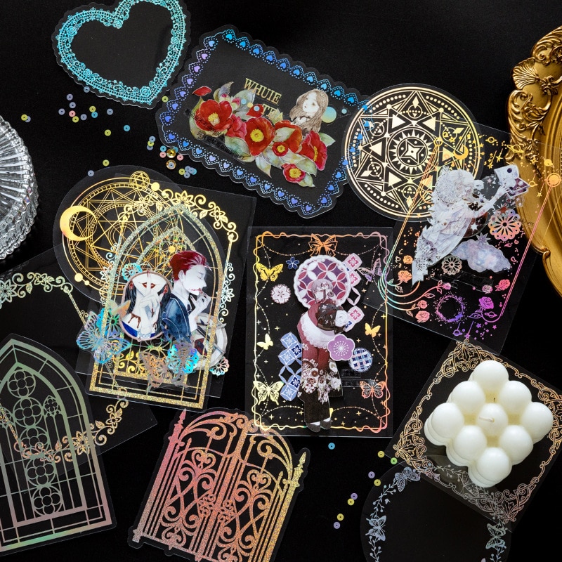 10 Pcs Holographic Glitter Frame Sticker Vintage Waterproof Transparent Decorative Decals PET Adhesive Sticker Label For Journal