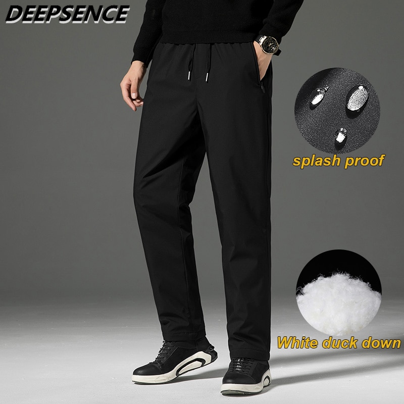 Men Winter Down Pants Warm Waterproof Men Outdoor Casual Home Pockets Drawstring Loose Fit Straight Trousers for Men Clothing