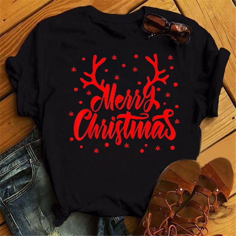 WVIOCE Merry Christmas Antlers Women Fashion Tops Casual Femael O-Neck Short Sleeve Tops T-shirts Girls Cute T-shirts 32825