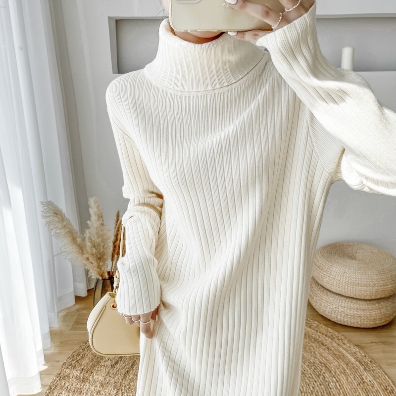 Plus Long Knit Dress Pullovers for Women Autumn and Winter Casual Clothing Teenage Girls Turtleneck Sweaters White Streetwear