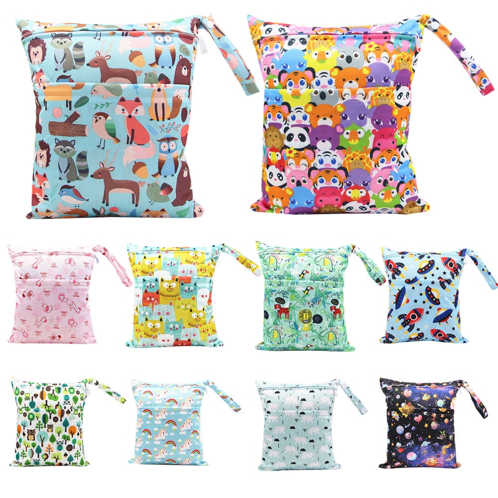 Fashion Baby Diaper Bag Child Double Zipper Cartoon Printing Wet Dry Bag Going Out Carrying Diapers Waterproof Handbag 30X36CM