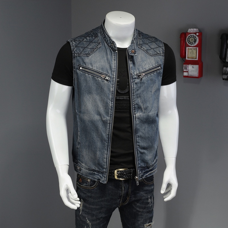Men Denim Vest Retro Europe America Style Autumn New Personality Locomotive Male Cowboy Waistcoat Coat Plus Size 5xl 6xl