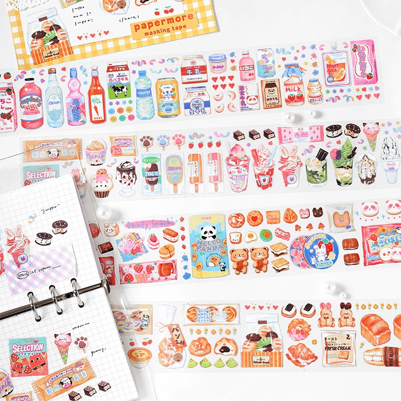 MOHAMM 1 Sheet PET Waterproof Sweet Shop Cute Cartoon Snack Ice Cream Strip Masking Tape for DIY Scrapbooking Making Card Diary