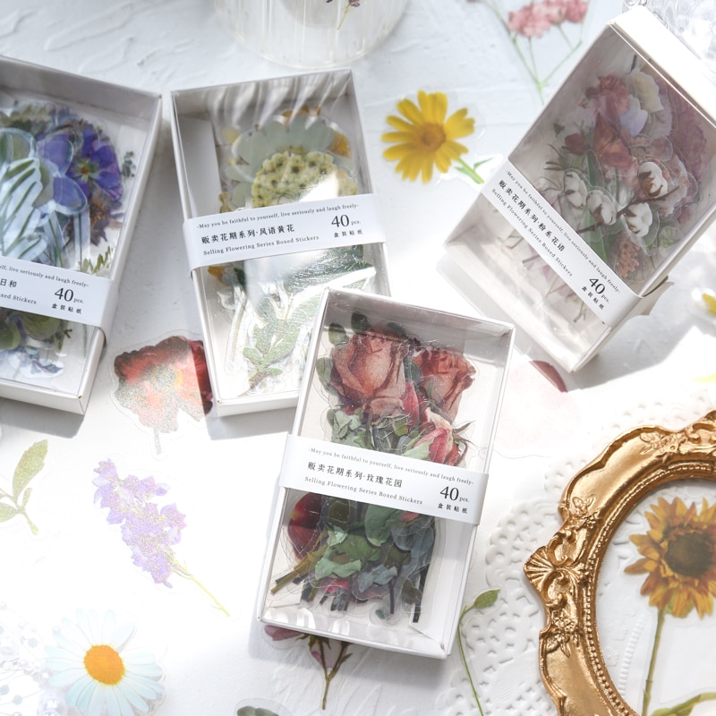Journamm 40pcs/box Floral Series Boxed Stickers for Deco Junk Journal Scrapbooking Supplies PET Transparent Decorative Stickers