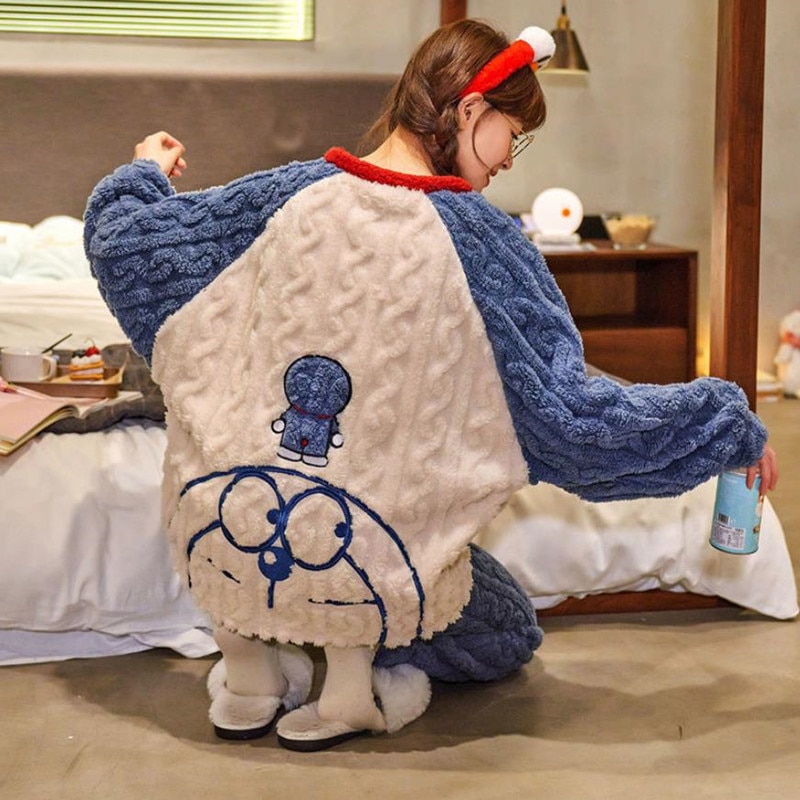 Kawaii Japan Anime Pajamas For Women Cute Winter Warm Femme Pijama Mujer 2 Pieces Pyjama Flannel Sleepwear Cartoon Xmas