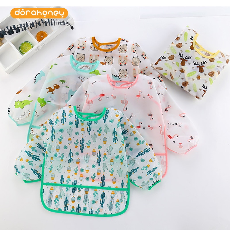 Dorahoney New Cute Children Baby Toddler Waterproof Long Sleeve Art Smock Feeding Bib Apron Kids Drawing Smock Fit 0-6 Years
