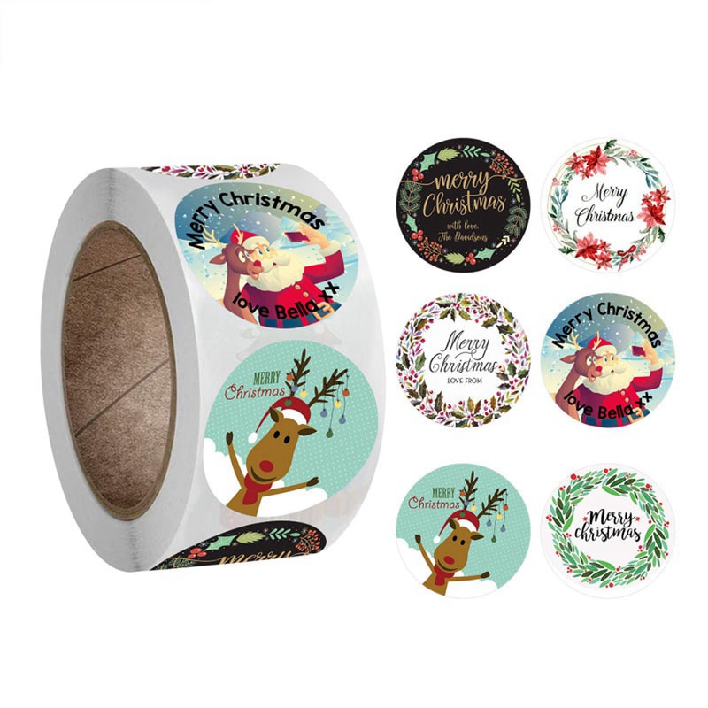 500pcs/roll Merry Christmas Stickers 1 inch Round Christmas Tags Adhesive Decorative Holiday Seals Sticker for Gift Bag Boxes