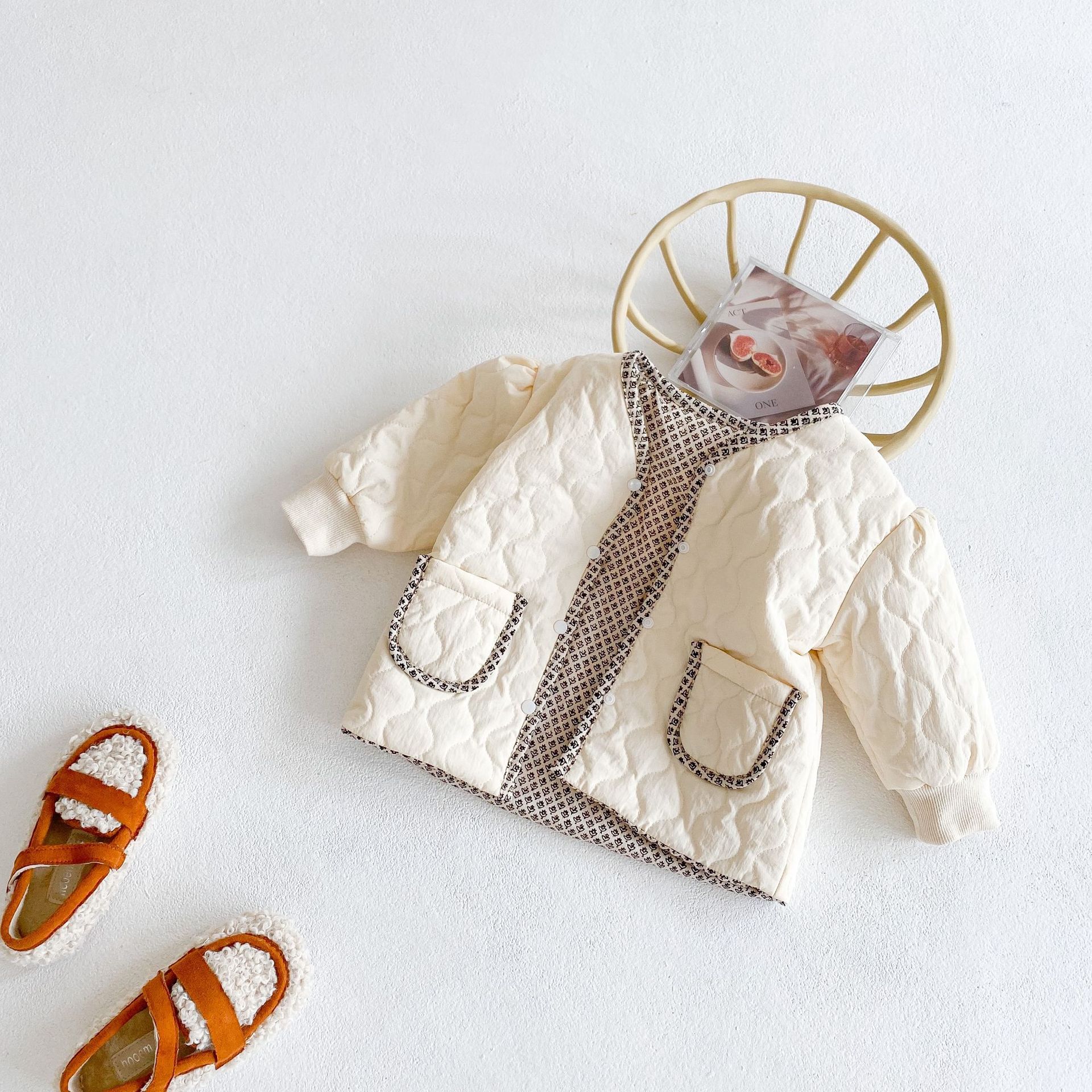 New female baby infant cotton padded jacket thickened long sleeve rhombic cardigan jacket
