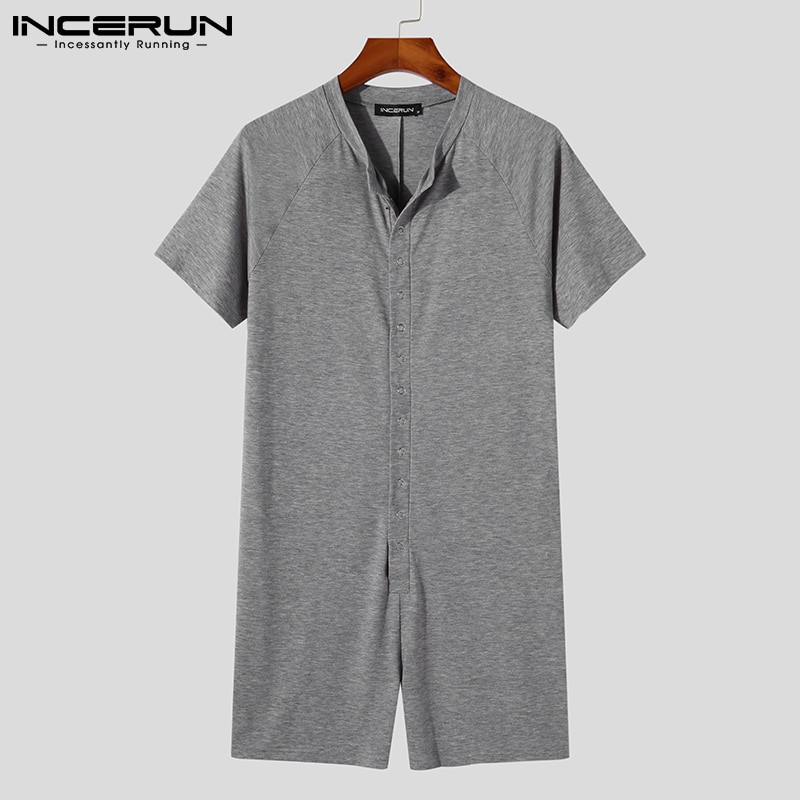 Men Pajamas Rompers Solid Color 2023 Homewear Short Sleeve Fitness Sleepwear Jumpsuits Button Cozy Leisure Playsuits Men INCERUN
