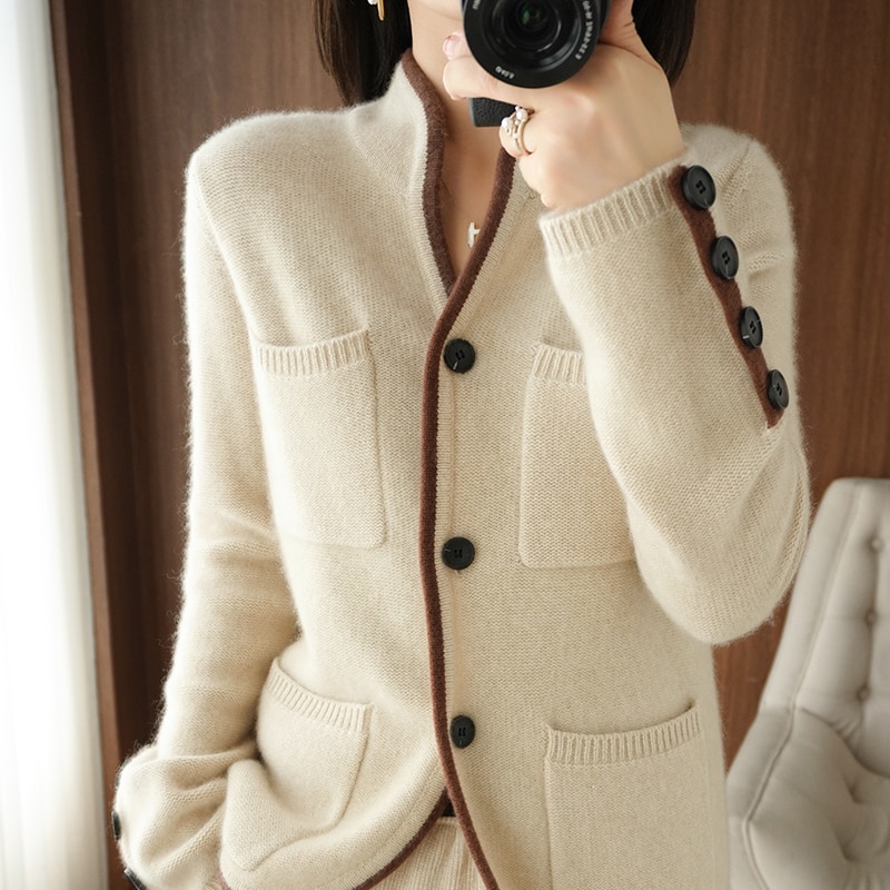 100% Cashmere / Wool Sweater Autumn/Winter 2021 Women's Stand-up Collar Cardigan Casual Knit Tops Korean Plus Size Female J