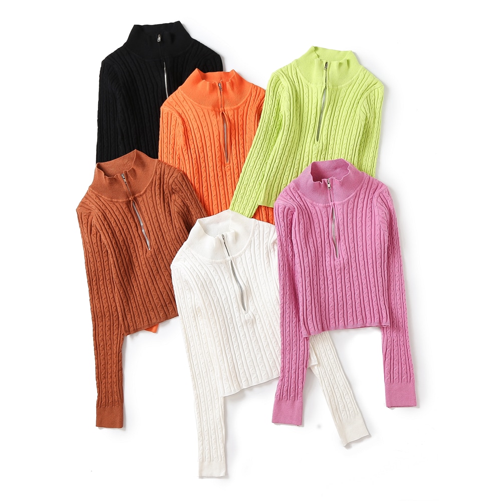 Long sleeve top knitted Fall fashion vintage sweater women pullovers Winter black twisted sweater cropped zipper up tops orange