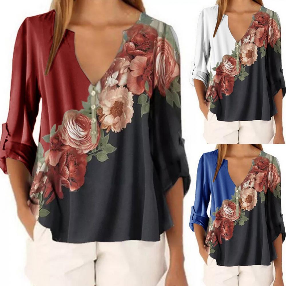 Vintage Women V Neck Long Sleeve Floral Print Color Block Loose Blouse Top Shirt Female Plus Size Solid Women Clothing Fashion