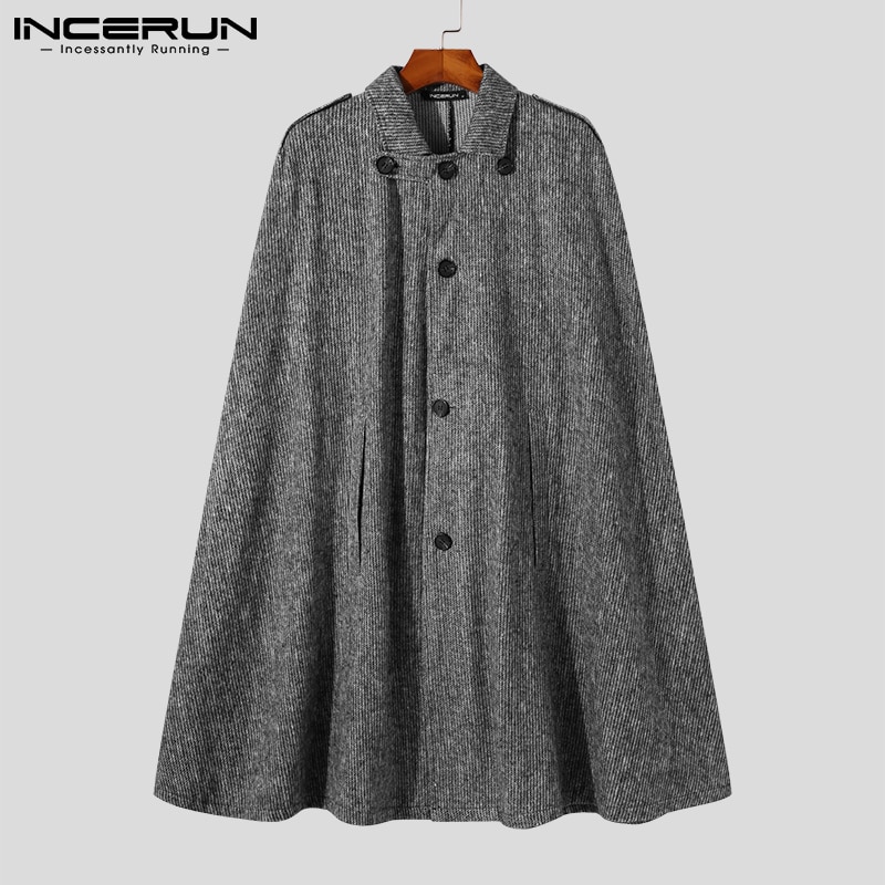 Loose Comeforable New Men Leisure Trench Male Casual Streetwear Hot Sale Dark Plaid Knee Collar Cloak S-5XL INCERUN Tops 2021
