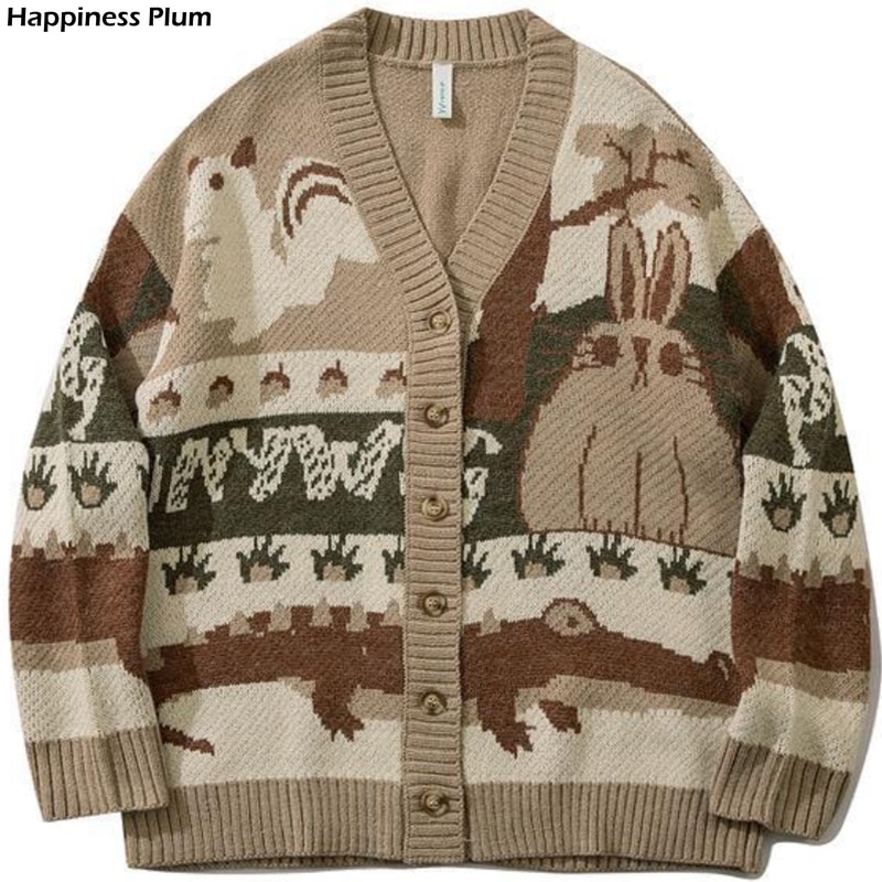 Vintage Cardigan Sweater Coat Japanese Harajuku Cartoon Knitted Sweater Outerwear Hip Hop Streetwear Loose Fashion Knitwear Tops