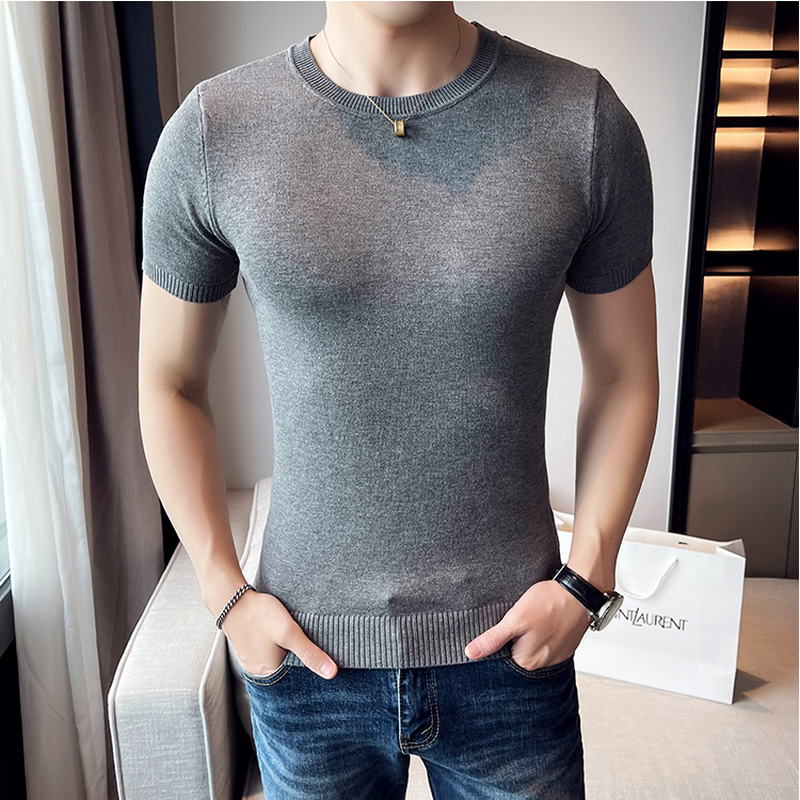 2021 High Quality Knitted Short Sleeve T-Shirt Men Slim Fit round-neck Solid Bottom Mens T Shirts Summer New Tee Shirt Homme
