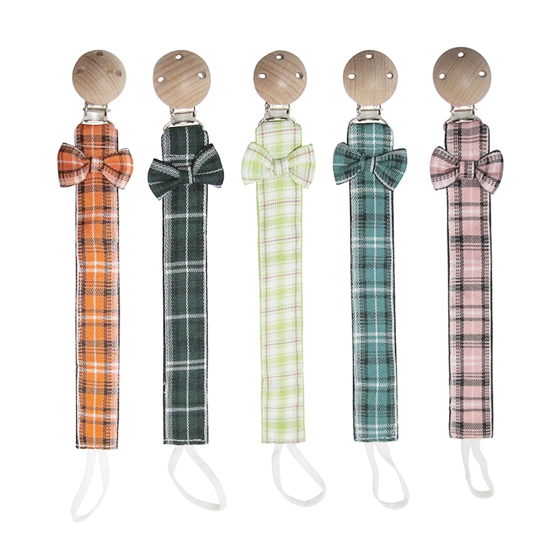Baby Bowknot Pacifier Clip Newborn Nipple Soother Dummy Holder Cotton Wooden Pacifier Chain Eco-friendly Material