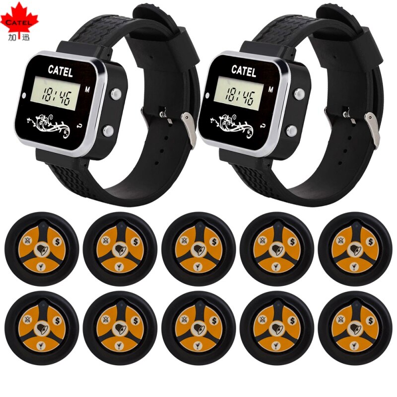 CATEL 10 Call Button Transmitter 2 Watches Receiver Wireless Pager 433.92mhz for Restaurant Cafe Office Calling System Buzzer