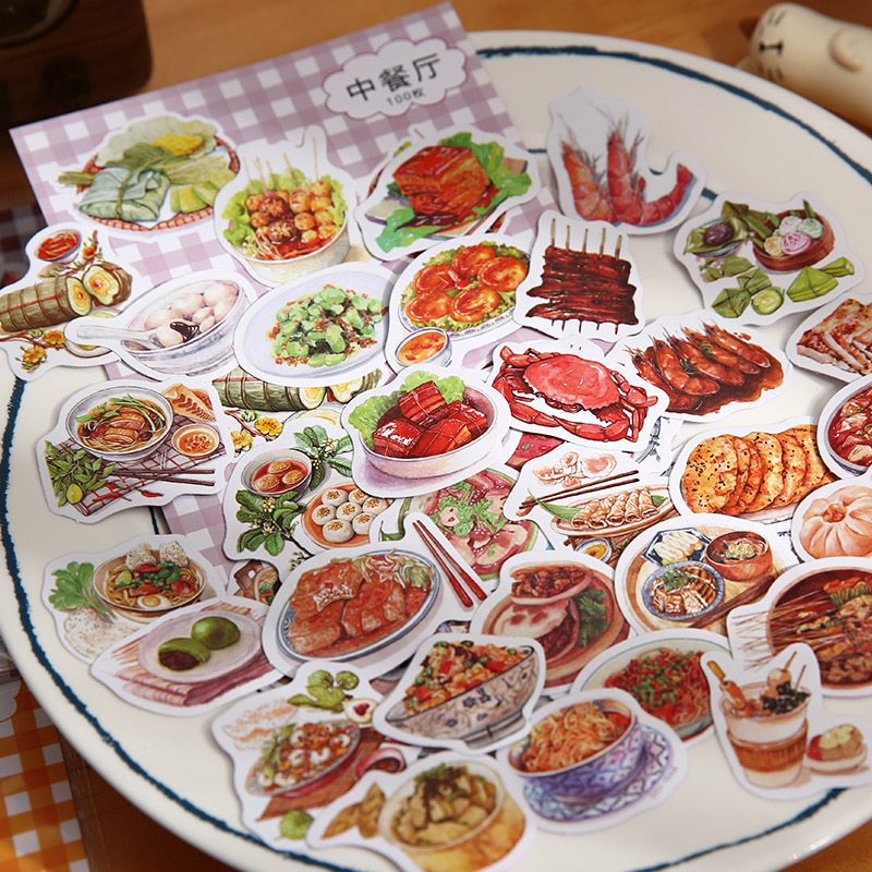 100 PCS Fresh Ingredients Dessert Fruit Snack Chinese Cuisine Decorative Stickers Pack for Scrapbooking DIY Art Crafts