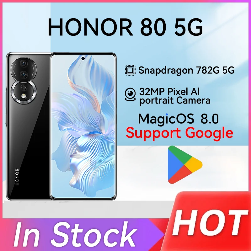 New Honor 80 5G Moible Phone 106MP Triple Cameras Snapdragon 782G Octa Core 6.67'' Curved Screen 66W Fast Charging Goo