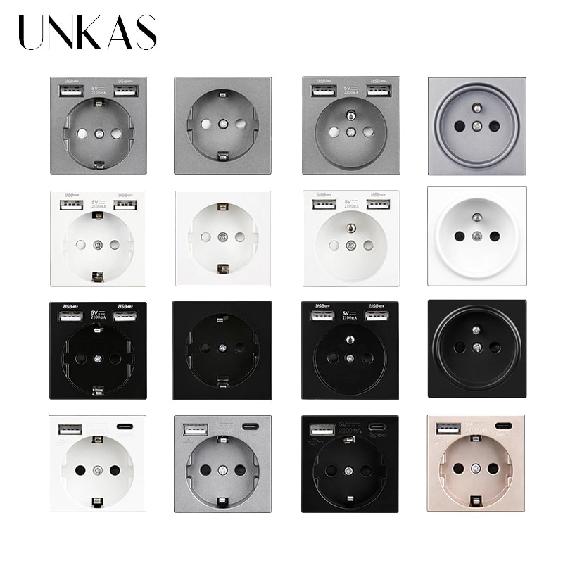 UNKAS B8 Modules DIY Free Combination New EU / French Type C 16A Wall Power Socket Dual USB Charger Port Hidden Soft LED Outlet
