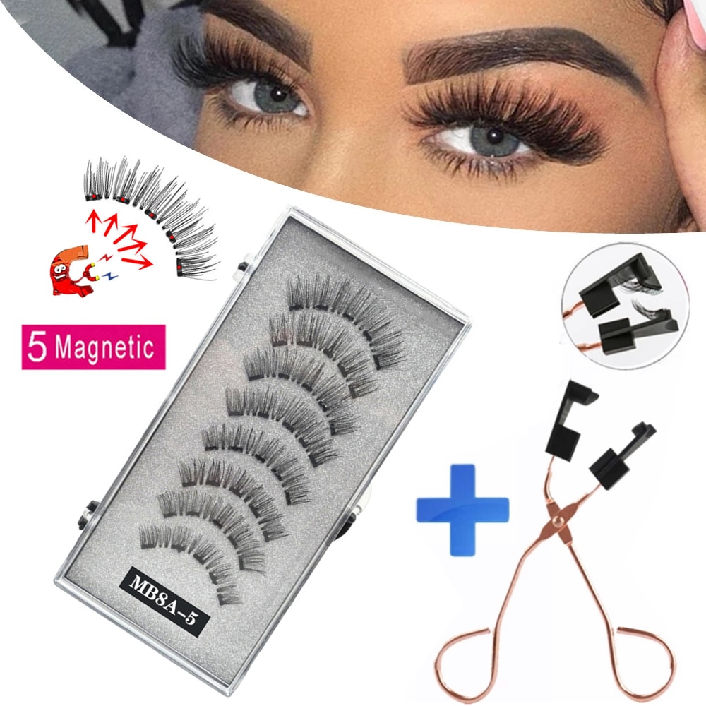 Shiny House 8PCS 5Magnetic False Eyelashes 3D Natural Magnetic Mink Eyelashes Handmade Eyelashes on Magnets Tweezers with Magnet