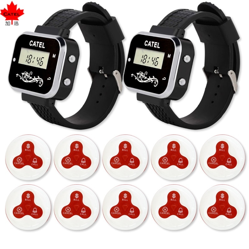 CATEL Waterproof 10 Button 2 Watch Receiver Wireless Calling System Call Button Pager for Restaurant Waiter Service Bell Buzzer