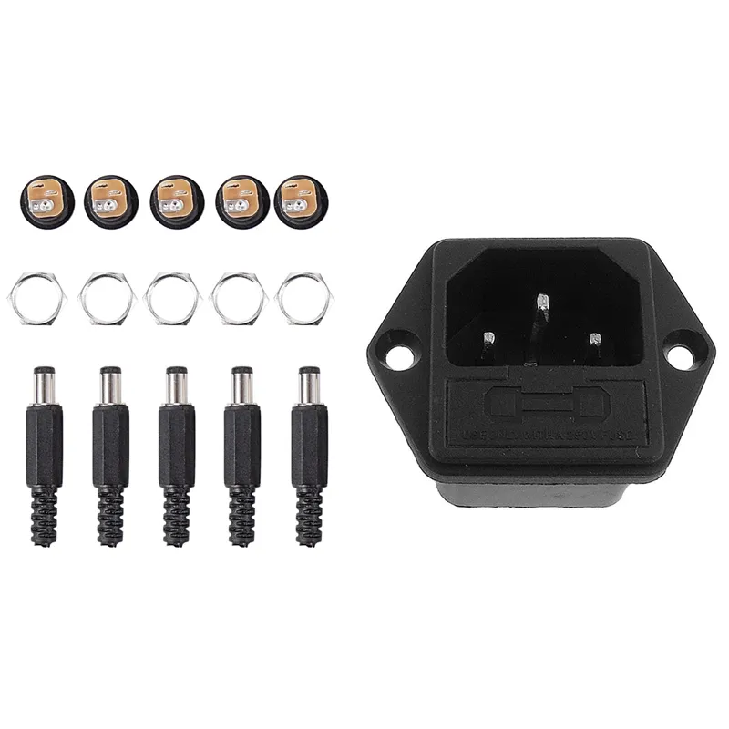 5.5X2.1Mm 5Pcs DC Female Jack + 5Pcs Socket Connector Black & 1X 2IEC 320 C14 Male Type Plug Screw Panel Connector