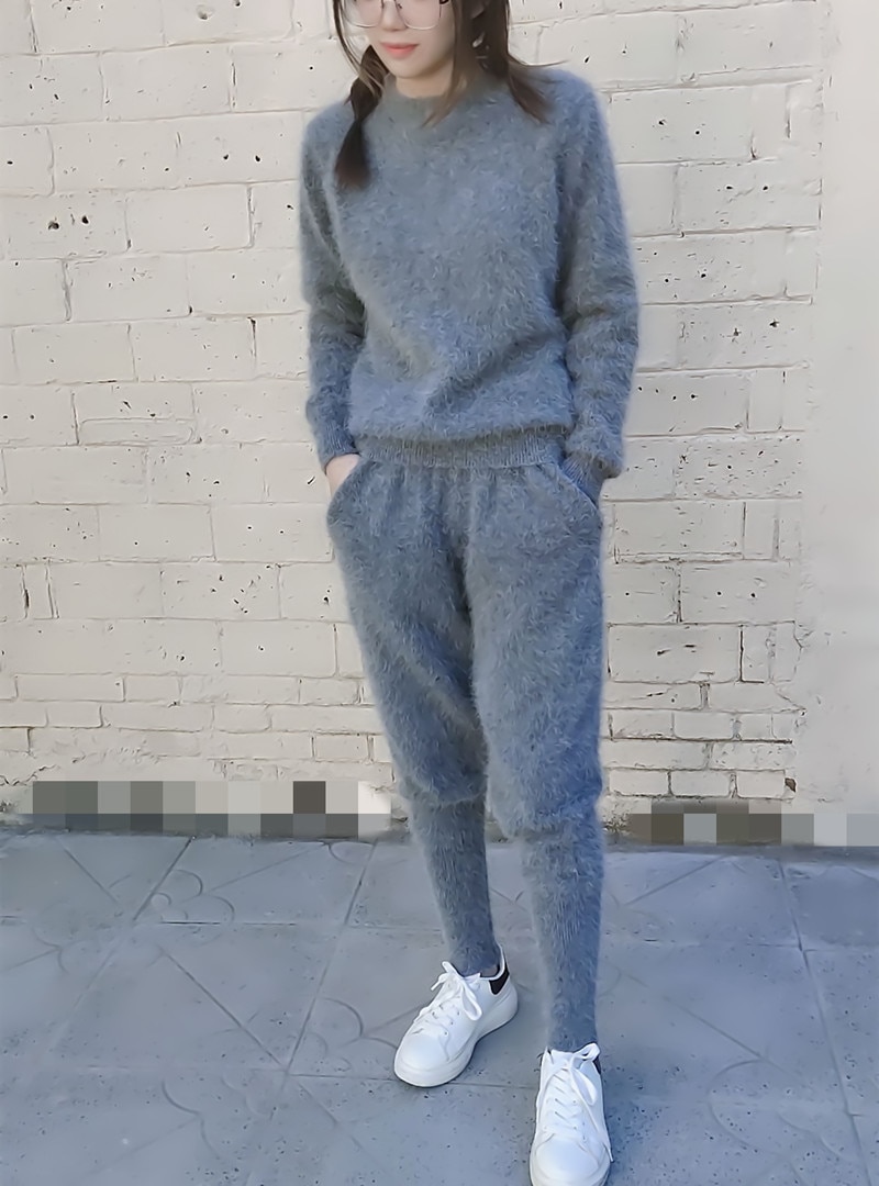 2-piece women's Knitted Sportswear Crew Neck Sweater Harlan pants Pullover Sweater Set knitted coat sweater set