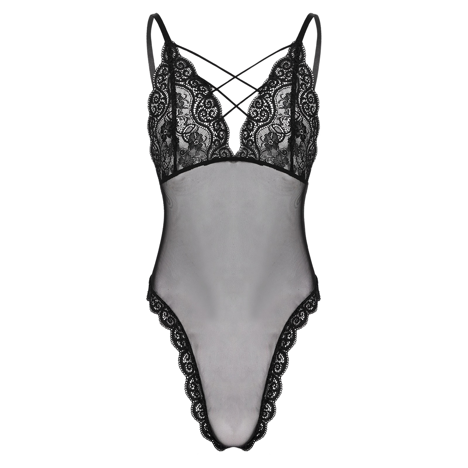 Sexy Mens One-piece Sissy Lingerie Mesh Lace Crisscross Strappy Backless High Cut Bodysuit Leotard Jumpsuit Underwear Sleepwear