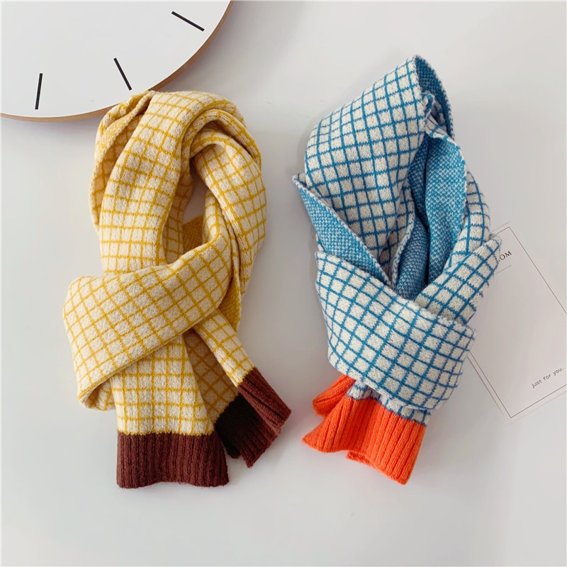 Kids Scarf Autumn Korean Version Fashion Children's Knitted Lattice Baby Bib Wool Knitting Winter Warm Girls Boys Scarves