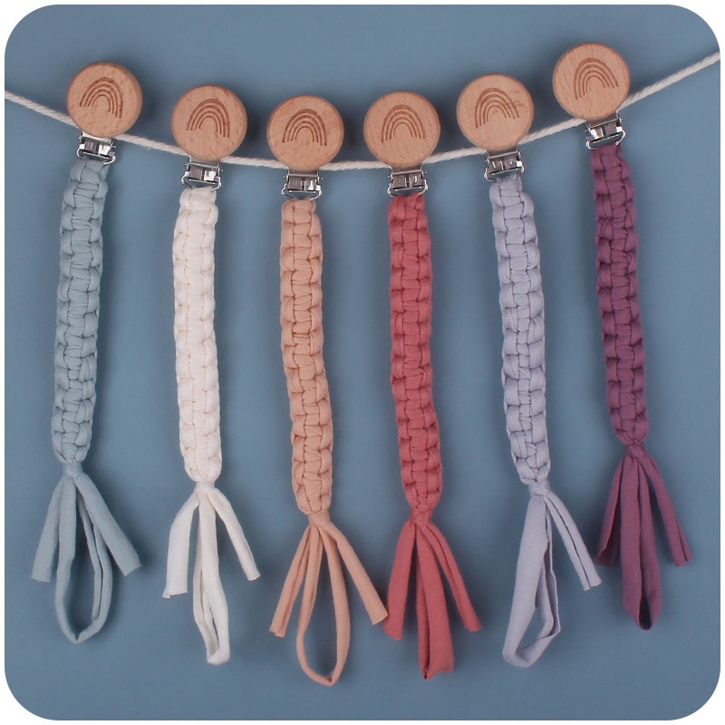 Baby Cotton Handmade Pacifier Chain Soft Newborn Soothing Rainbow Pacifier Beech Wood Clip Baby Chew Toy Gift