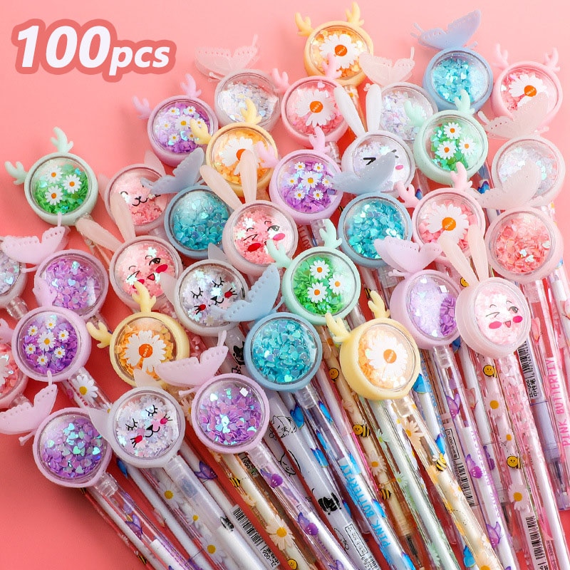 100Pcs Kawaii Sequin Gel Pen Cute Easter Bunny Butterfly Fawn Daisy Signat Pen 0.5mm Black Neutral Pens School Office Stationar