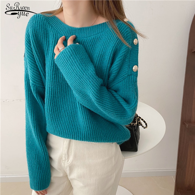Autumn Winter New 2021 Women Fashion Sweater 15% Wool Pink Loose Sweater Button Elegant Knitted Tops Korean Winter Clothes 17827