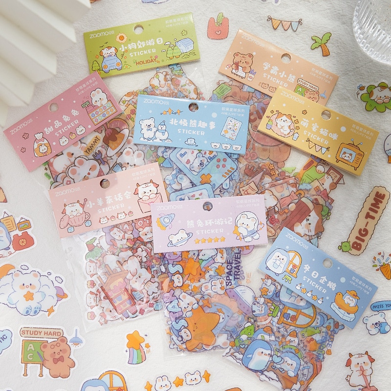 MOHAMM 40/46 PCS PET Waterproof Colorful Kawaii Cartoon Animal Decorative Stickers for Scrapbooking Albums DIY Crafts Diary