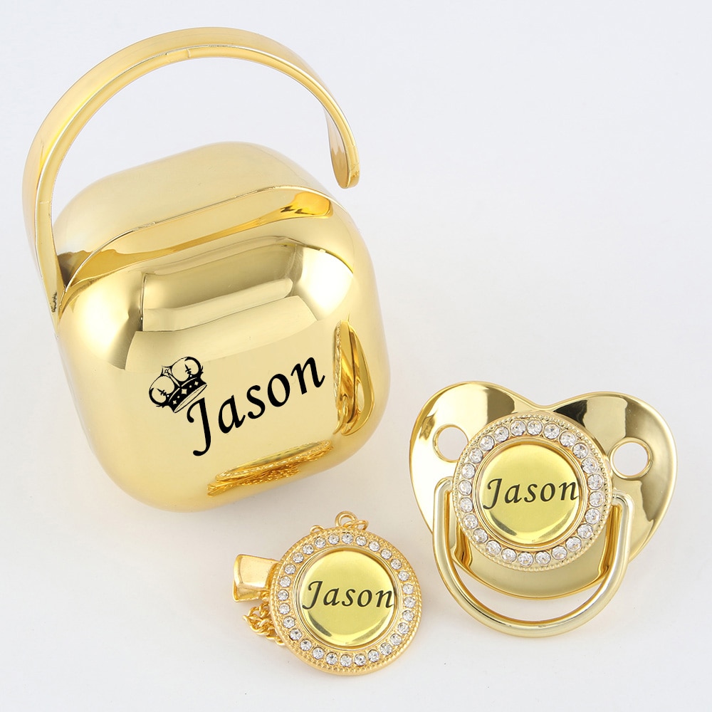 Any Name Personalized Gold Bling Pacifier Chain Clip Pacifier Box Set BPA Free Dummy Teat Luxury Pacifier Case Baby Shower Gift