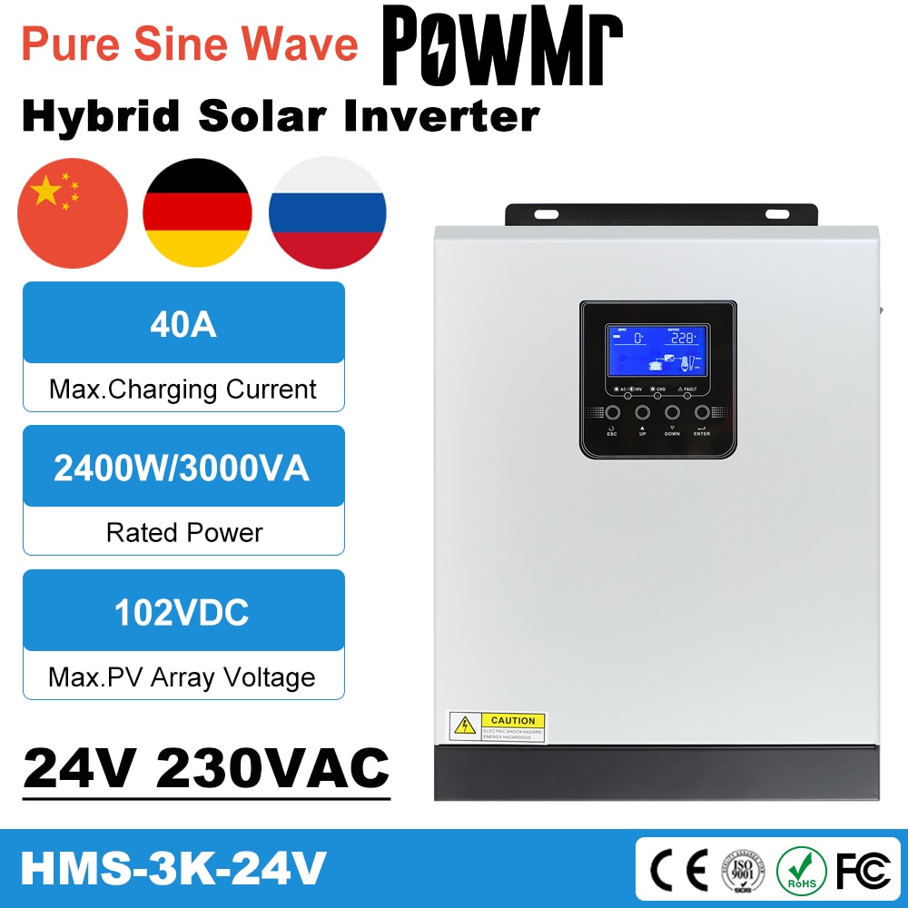 PowMr Solar Inverter 2400W 220V 40A MPPT 3KVA Pure Sine Wave Inverter 50Hz Off Grid Inverter 24V Battery for European countries