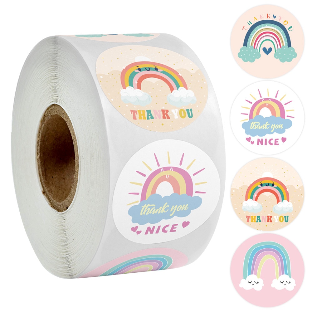 100-500Pcs Cute Cartoon Rainbow Thank You Stickers for Gift Package Card Envelope Wrapping Party Baking Small Business 1Inch