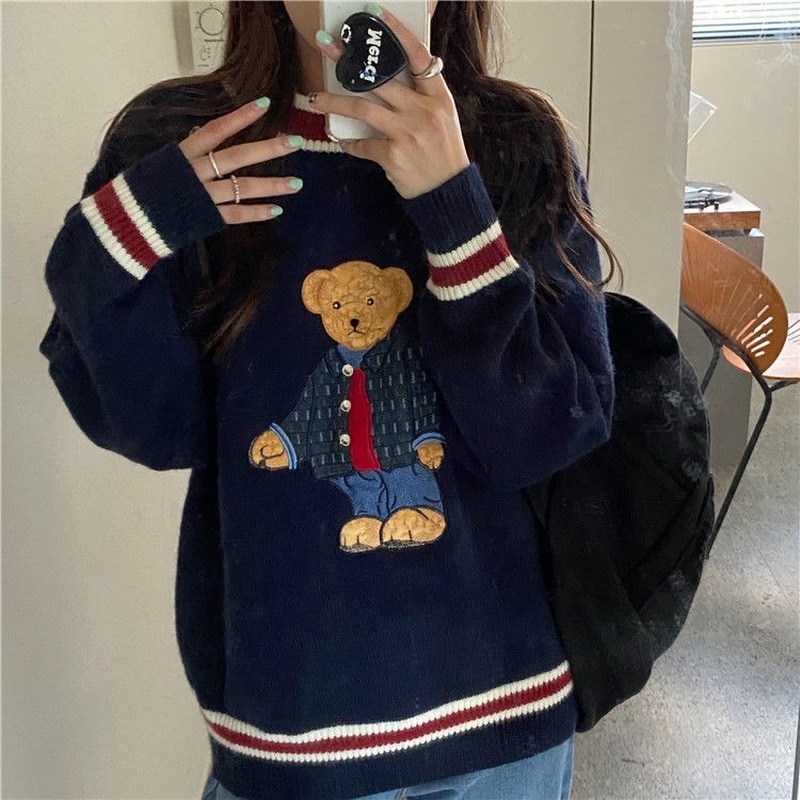Thicken plus size cute bear sweater women 2021 new autumn and winter wear loose and lazy embroidery sweater trend ins hot