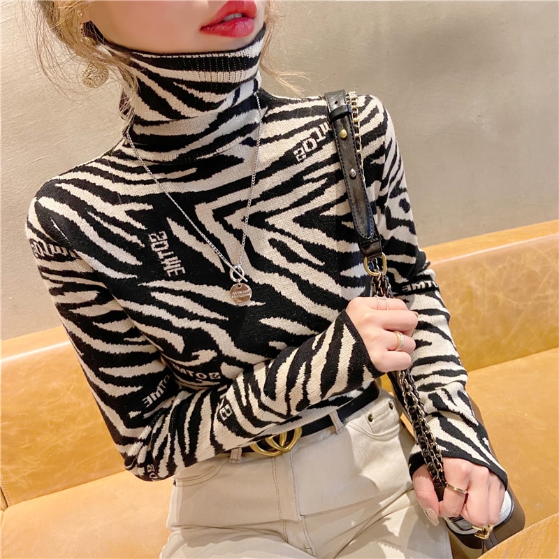 Women Turtleneck Sweater 2022 New Arrival Autumn And Winter Slim Leopard Female Knitted Pullover Korean Style Hot Sale A104