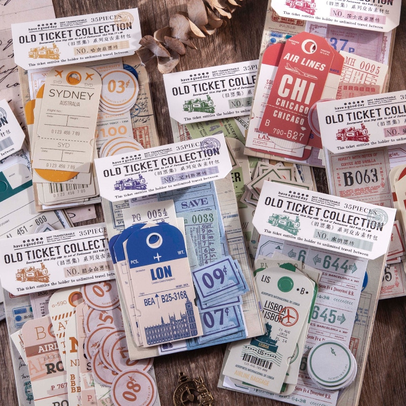 35pcs/pack Old Ticket Collection Series Retro Material Pack Scrapbook/Card Making/Diary Project DIY Retro Phone Tag Strap