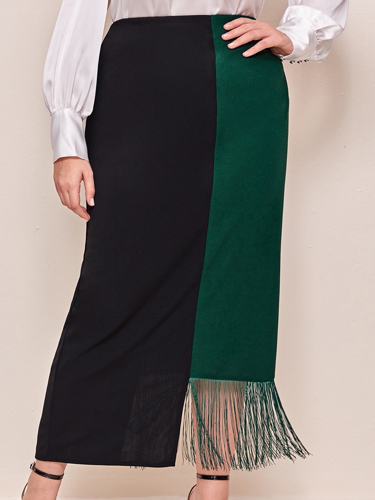 Plus Size Skirts Elegant Wemen High Waist Long Midi Length Patchwork Black Green Tassel Skirt Office Lady Work Evening Party New