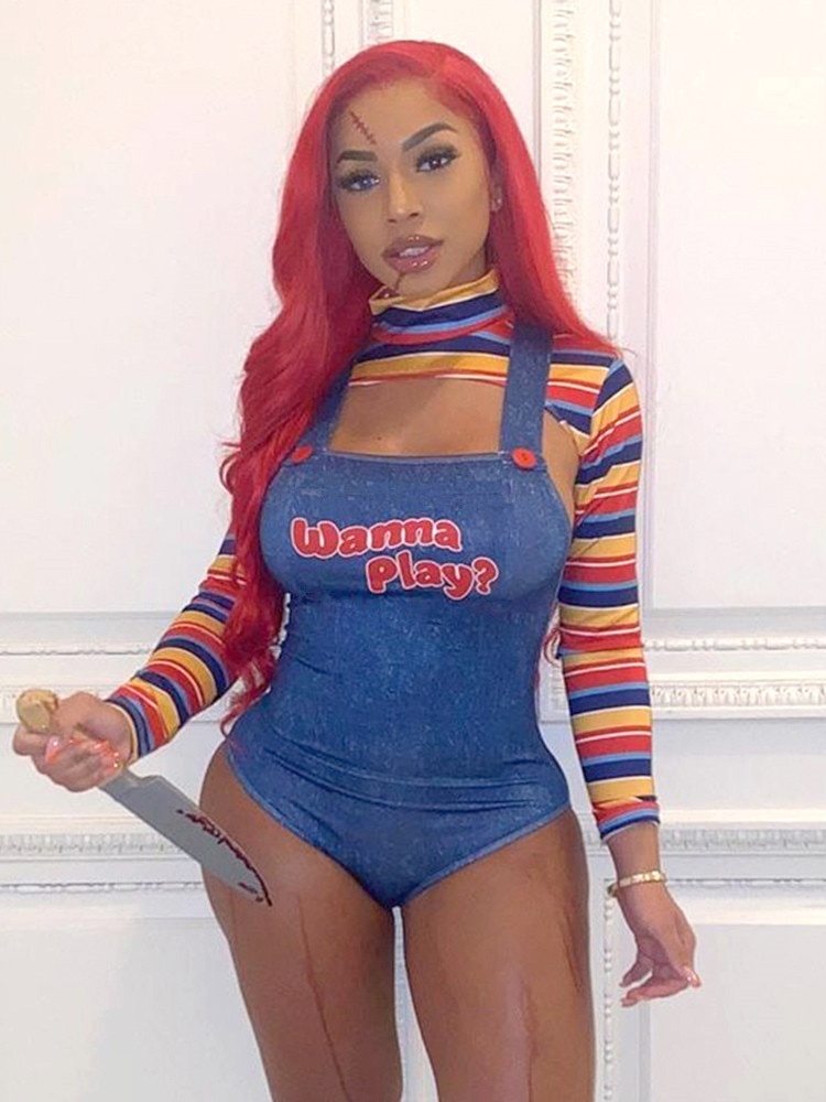 hirigin Halloween Costumes for Women Scary Nightmare Killer Doll Wanna Play Movie Character Bodysuit Chucky Doll Costume Set