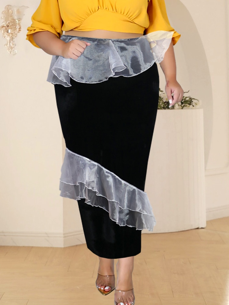Black Velvet Skirts Plus Size High Waist Package Hip Color Block Long Skirt for Womens Birthday Evening Cocktail Party Winter